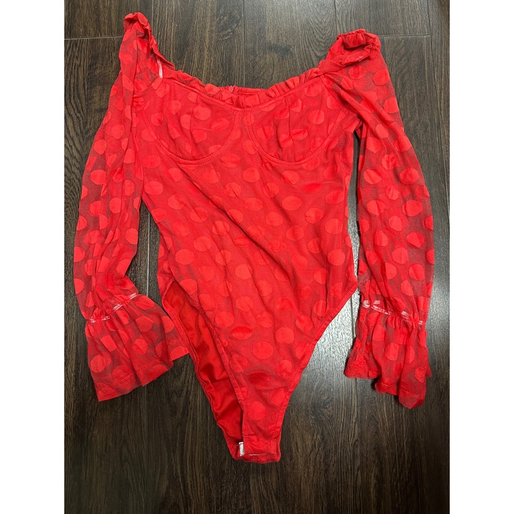 EillyBazar Red Sheer‎ Mesh Polka Dot Long Sleeve Bodysuit - Size L